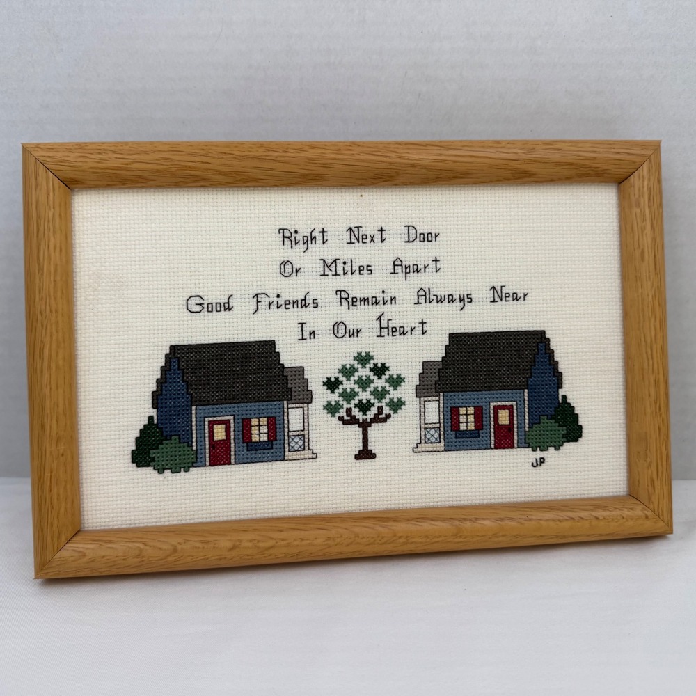 Vintage 1999 Handmade Cross Stitch Framed Wall Art Good Friends Poem Oak Frame